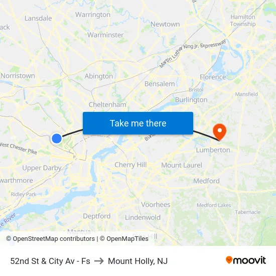 52nd St & City Av - Fs to Mount Holly, NJ map