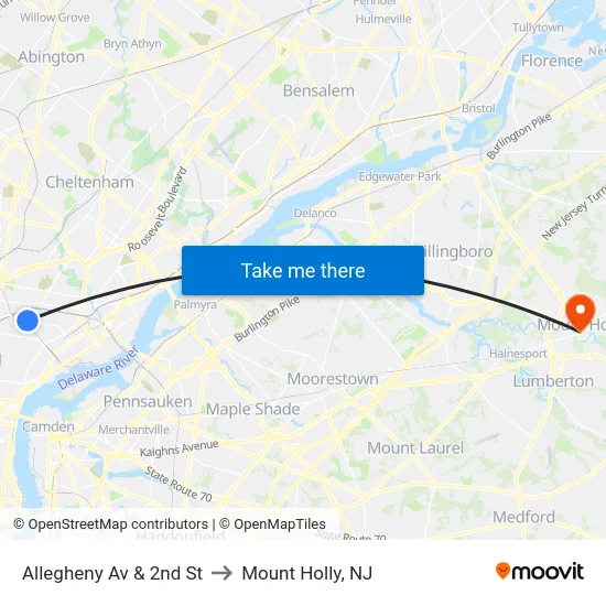 Allegheny Av & 2nd St to Mount Holly, NJ map