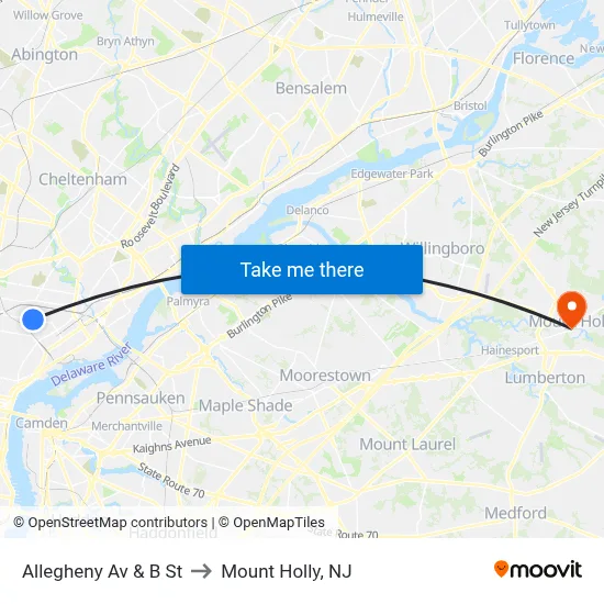 Allegheny Av & B St to Mount Holly, NJ map