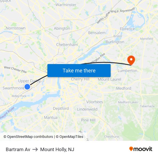 Bartram Av to Mount Holly, NJ map