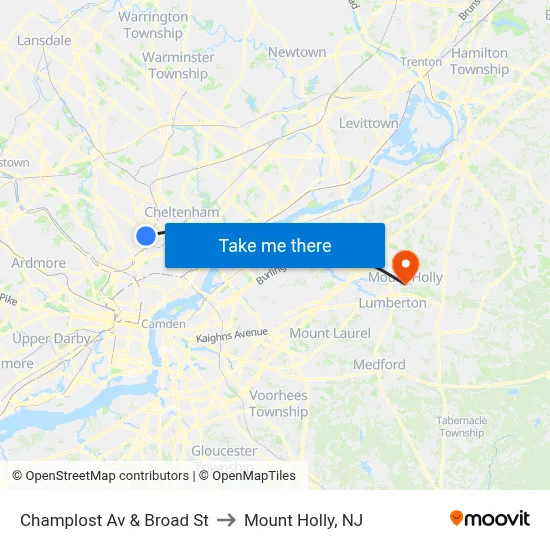 Champlost Av & Broad St to Mount Holly, NJ map