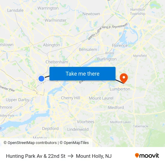 Hunting Park Av & 22nd St to Mount Holly, NJ map