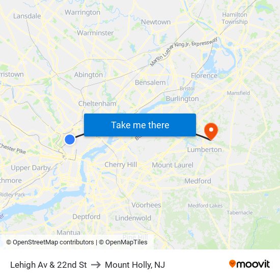 Lehigh Av & 22nd St to Mount Holly, NJ map