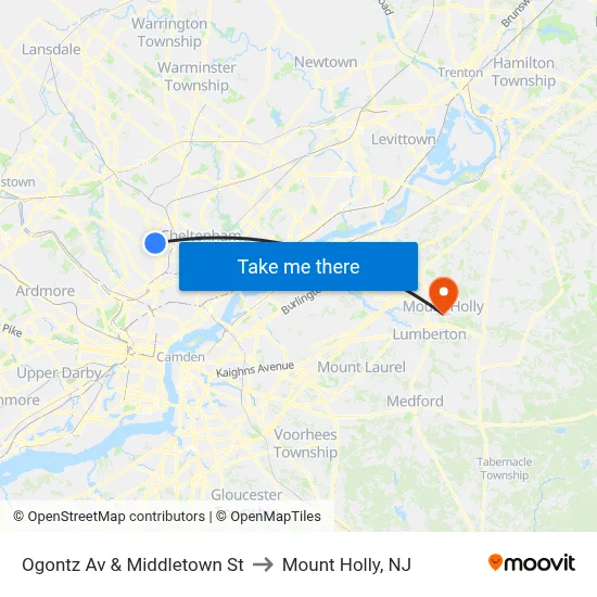 Ogontz Av & Middletown St to Mount Holly, NJ map