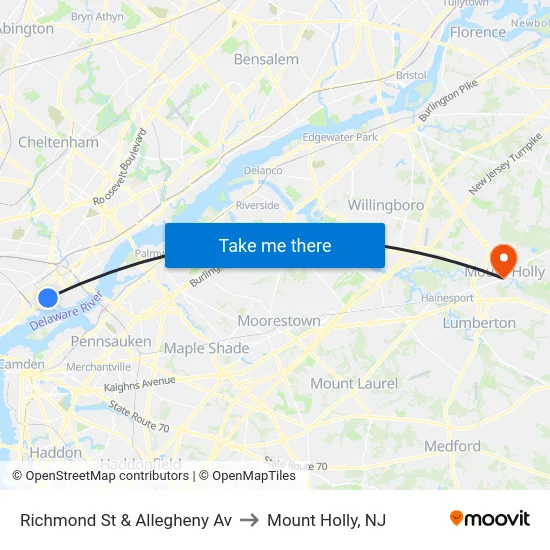 Richmond St & Allegheny Av to Mount Holly, NJ map