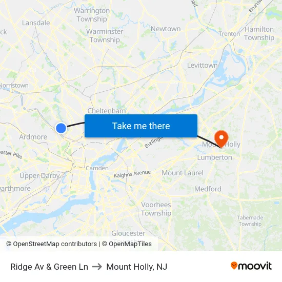 Ridge Av & Green Ln to Mount Holly, NJ map