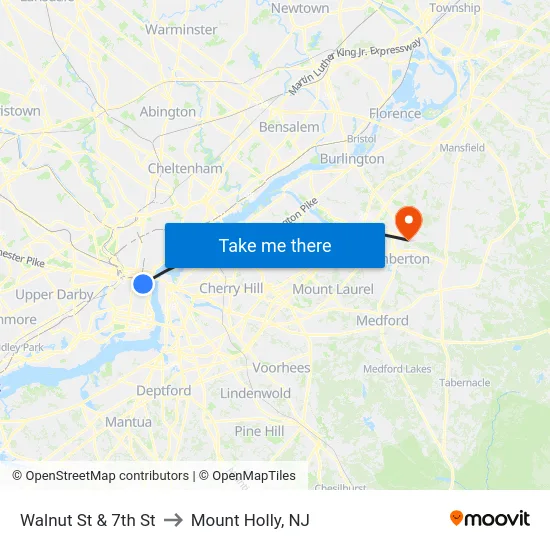 Walnut St & 7th St to Mount Holly, NJ map