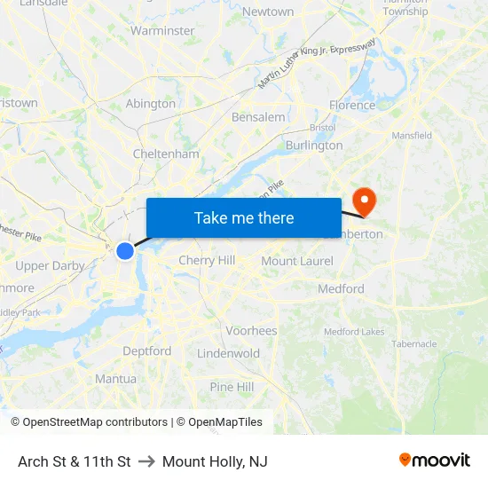 Arch St & 11th St to Mount Holly, NJ map
