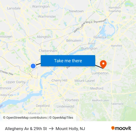Allegheny Av & 29th St to Mount Holly, NJ map