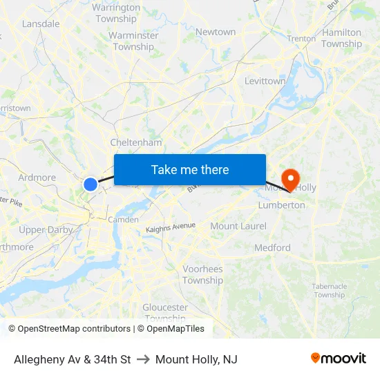 Allegheny Av & 34th St to Mount Holly, NJ map