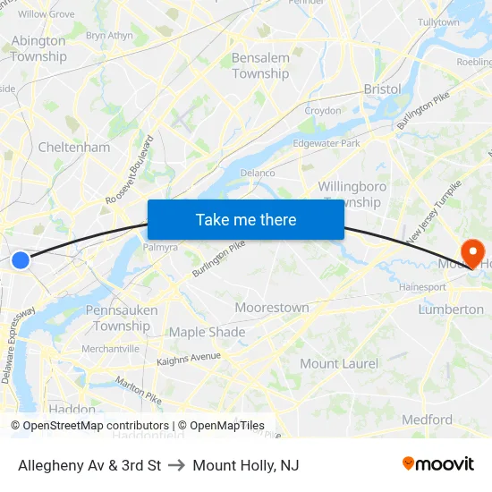 Allegheny Av & 3rd St to Mount Holly, NJ map