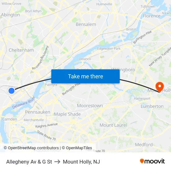 Allegheny Av & G St to Mount Holly, NJ map