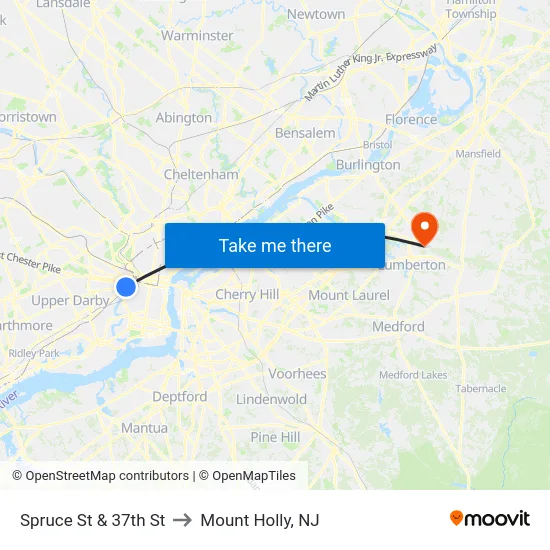 Spruce St & 37th St to Mount Holly, NJ map