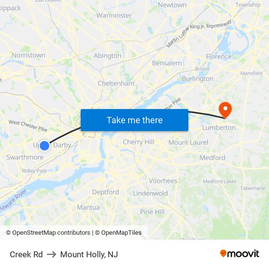 Creek Rd to Mount Holly, NJ map