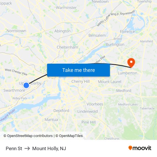 Penn St to Mount Holly, NJ map