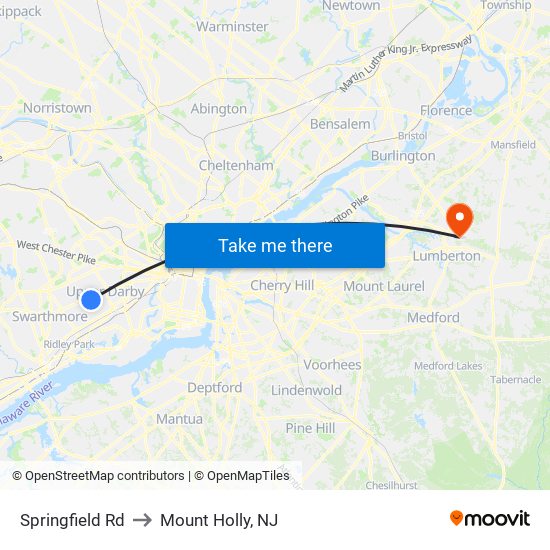 Springfield Rd to Mount Holly, NJ map