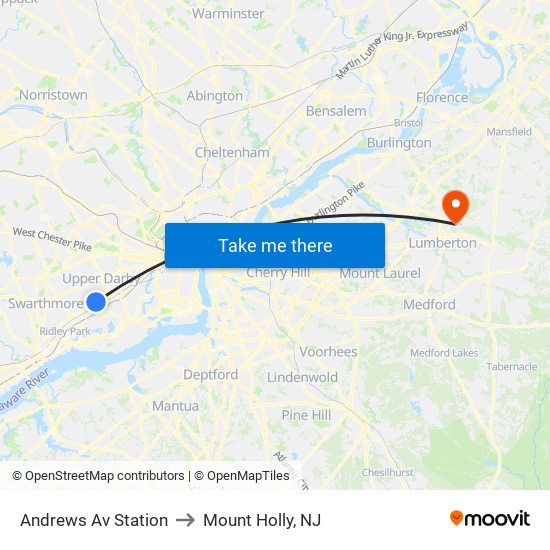 Andrews Av Station to Mount Holly, NJ map
