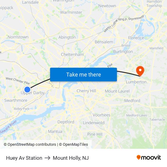 Huey Av Station to Mount Holly, NJ map