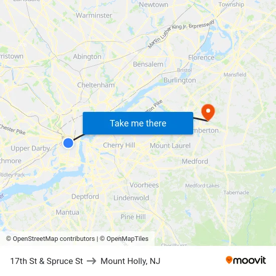 17th St & Spruce St to Mount Holly, NJ map