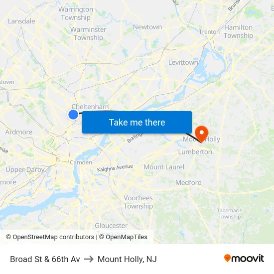 Broad St & 66th Av to Mount Holly, NJ map