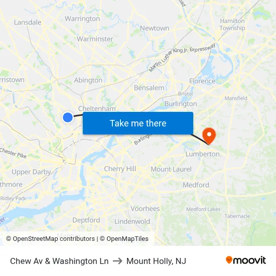 Chew Av & Washington Ln to Mount Holly, NJ map