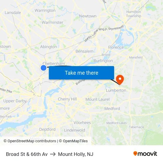 Broad St & 66th Av to Mount Holly, NJ map