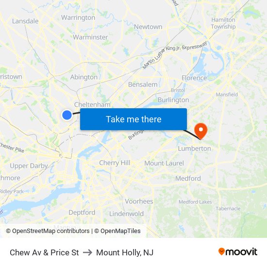 Chew Av & Price St to Mount Holly, NJ map