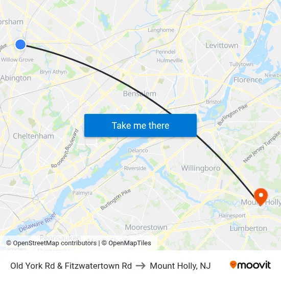Old York Rd & Fitzwatertown Rd to Mount Holly, NJ map