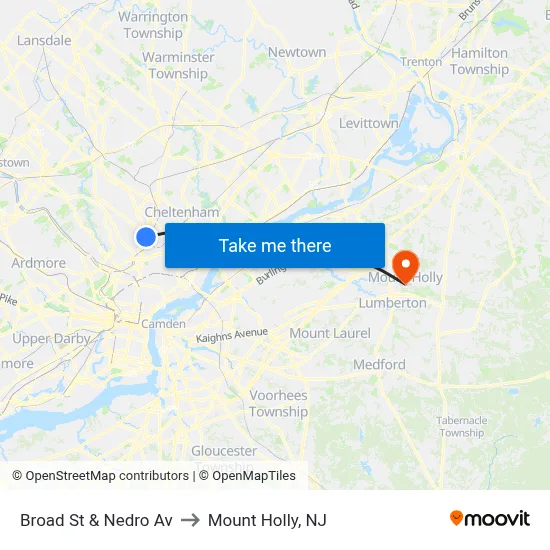 Broad St & Nedro Av to Mount Holly, NJ map