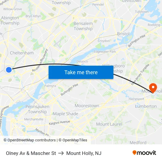 Olney Av & Mascher St to Mount Holly, NJ map