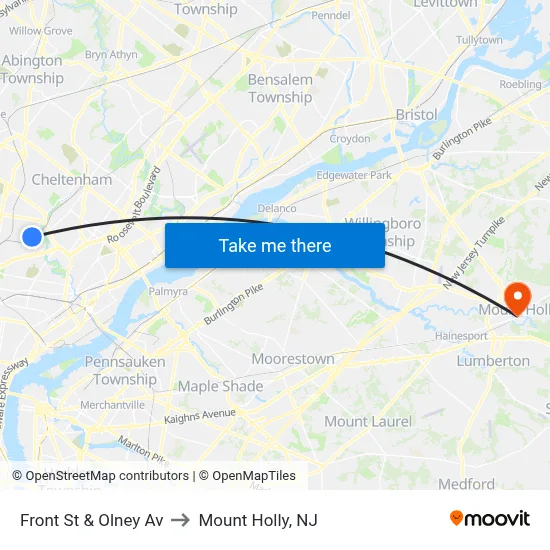 Front St & Olney Av to Mount Holly, NJ map