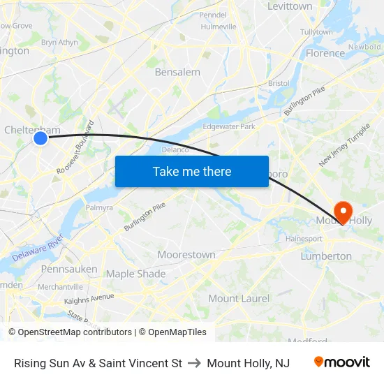 Rising Sun Av & Saint Vincent St to Mount Holly, NJ map