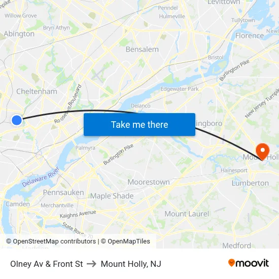 Olney Av & Front St to Mount Holly, NJ map