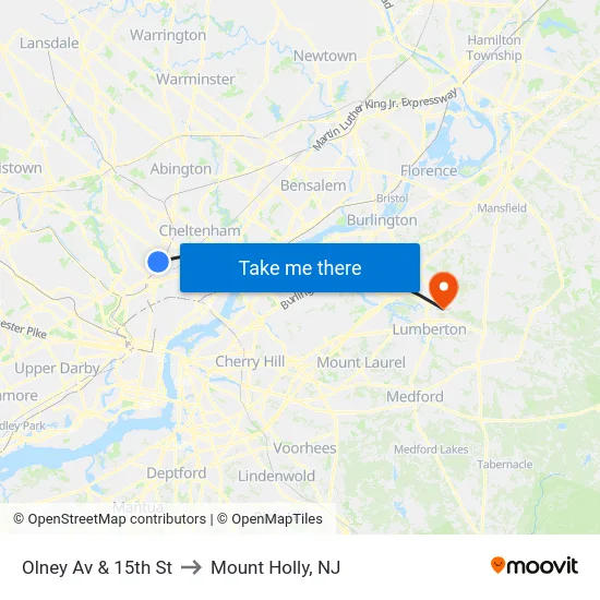 Olney Av & 15th St to Mount Holly, NJ map