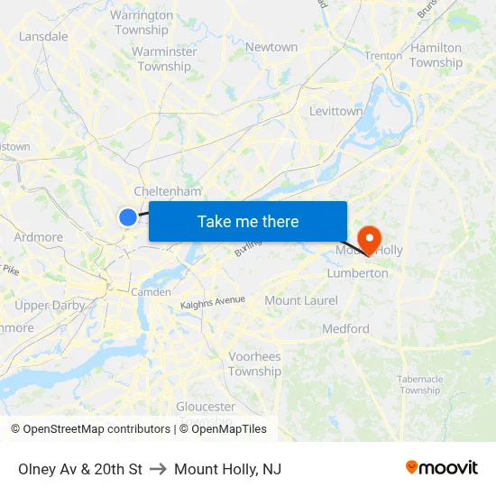 Olney Av & 20th St to Mount Holly, NJ map