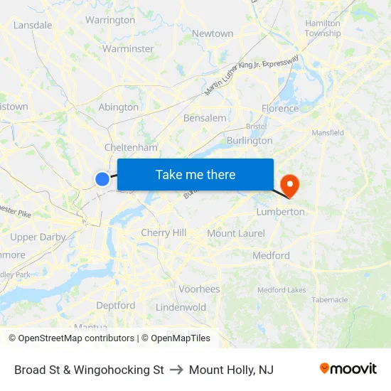 Broad St & Wingohocking St to Mount Holly, NJ map