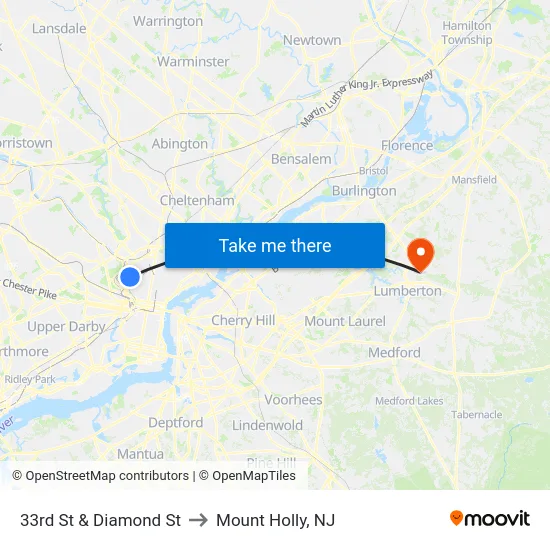 33rd St & Diamond St to Mount Holly, NJ map