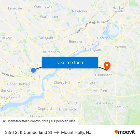 33rd St & Cumberland St to Mount Holly, NJ map