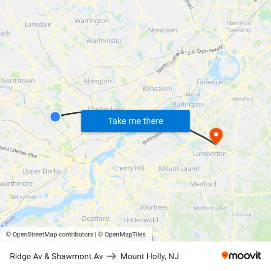 Ridge Av & Shawmont Av to Mount Holly, NJ map
