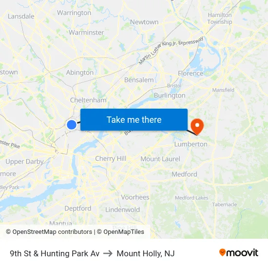 9th St & Hunting Park Av to Mount Holly, NJ map