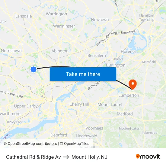 Cathedral Rd & Ridge Av to Mount Holly, NJ map