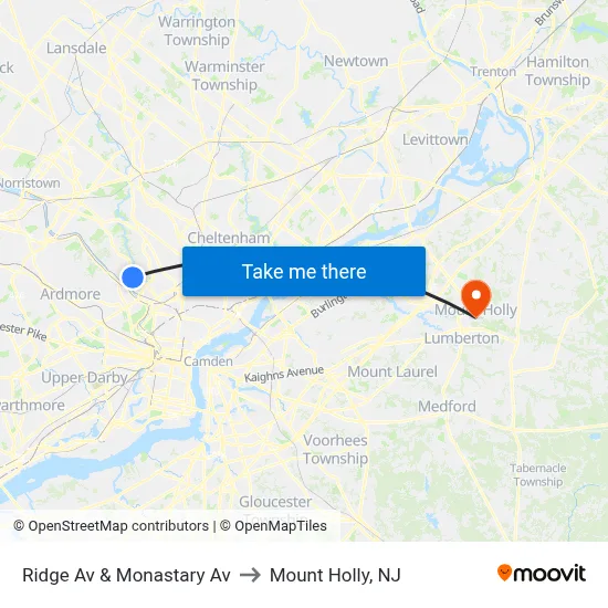Ridge Av & Monastary Av to Mount Holly, NJ map