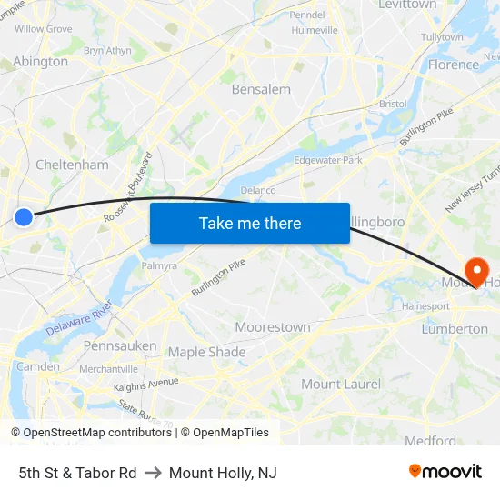 5th St & Tabor Rd to Mount Holly, NJ map