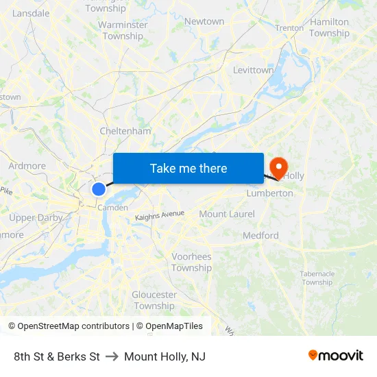 8th St & Berks St to Mount Holly, NJ map