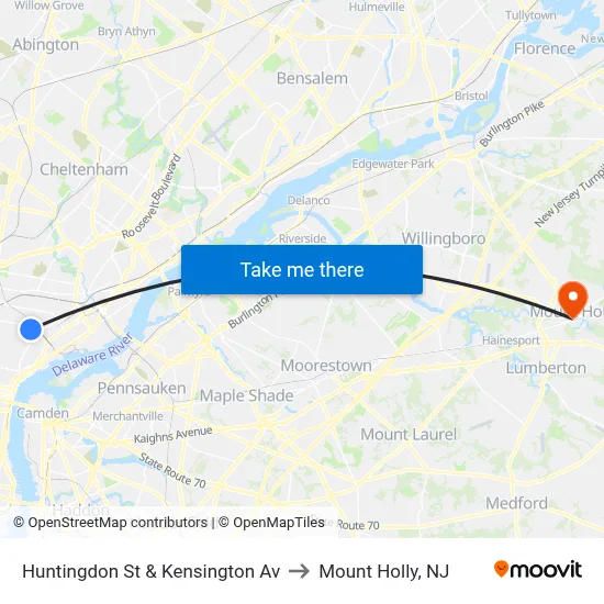 Huntingdon St & Kensington Av to Mount Holly, NJ map