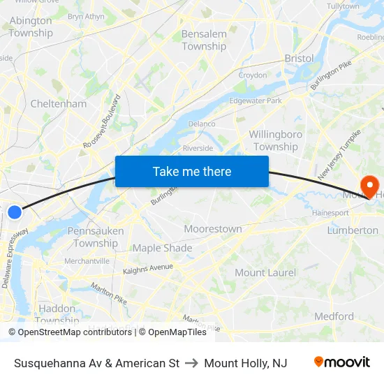 Susquehanna Av & American St to Mount Holly, NJ map