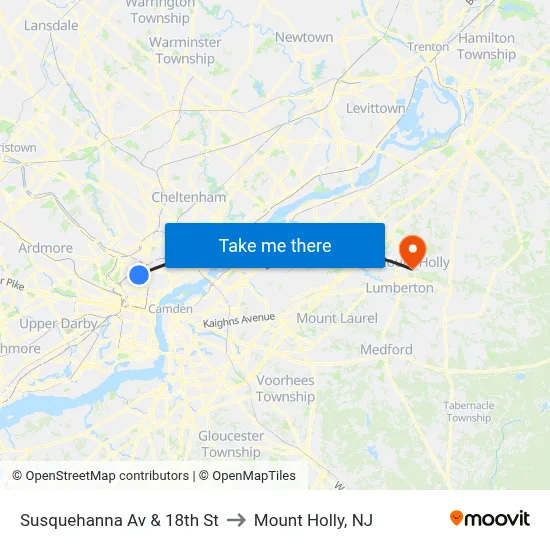 Susquehanna Av & 18th St to Mount Holly, NJ map