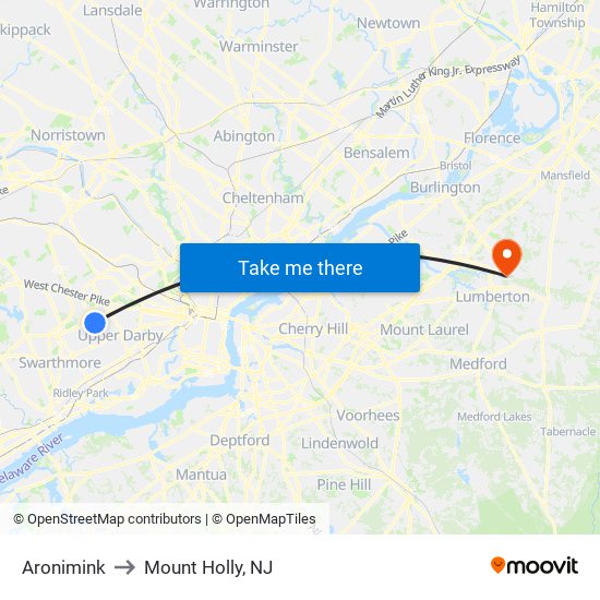 Aronimink to Mount Holly, NJ map