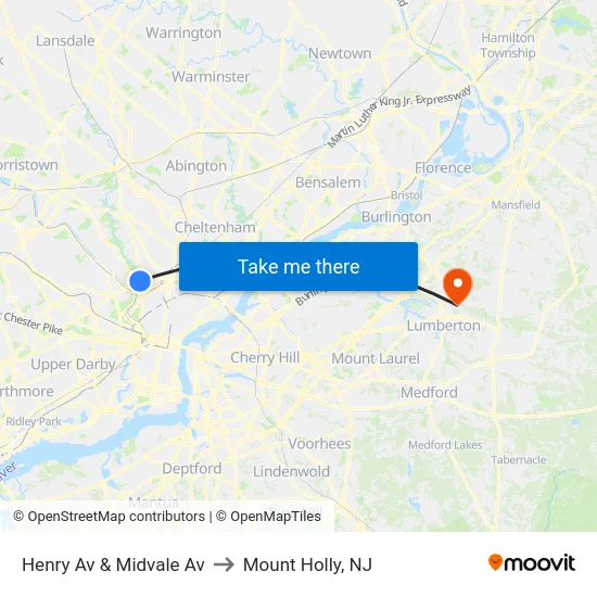 Henry Av & Midvale Av to Mount Holly, NJ map