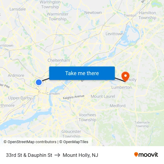 33rd St & Dauphin St to Mount Holly, NJ map